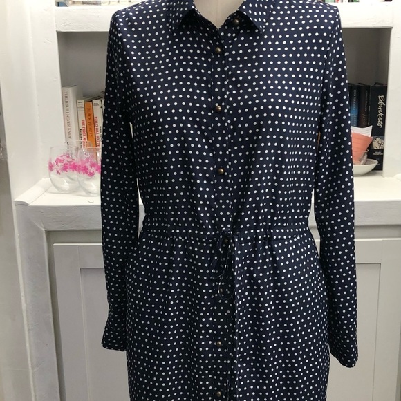 MAISON Jules Long Sleeve Shirt Dress, Navy/White Polka Dot Size Small D283.1 - Picture 5 of 12